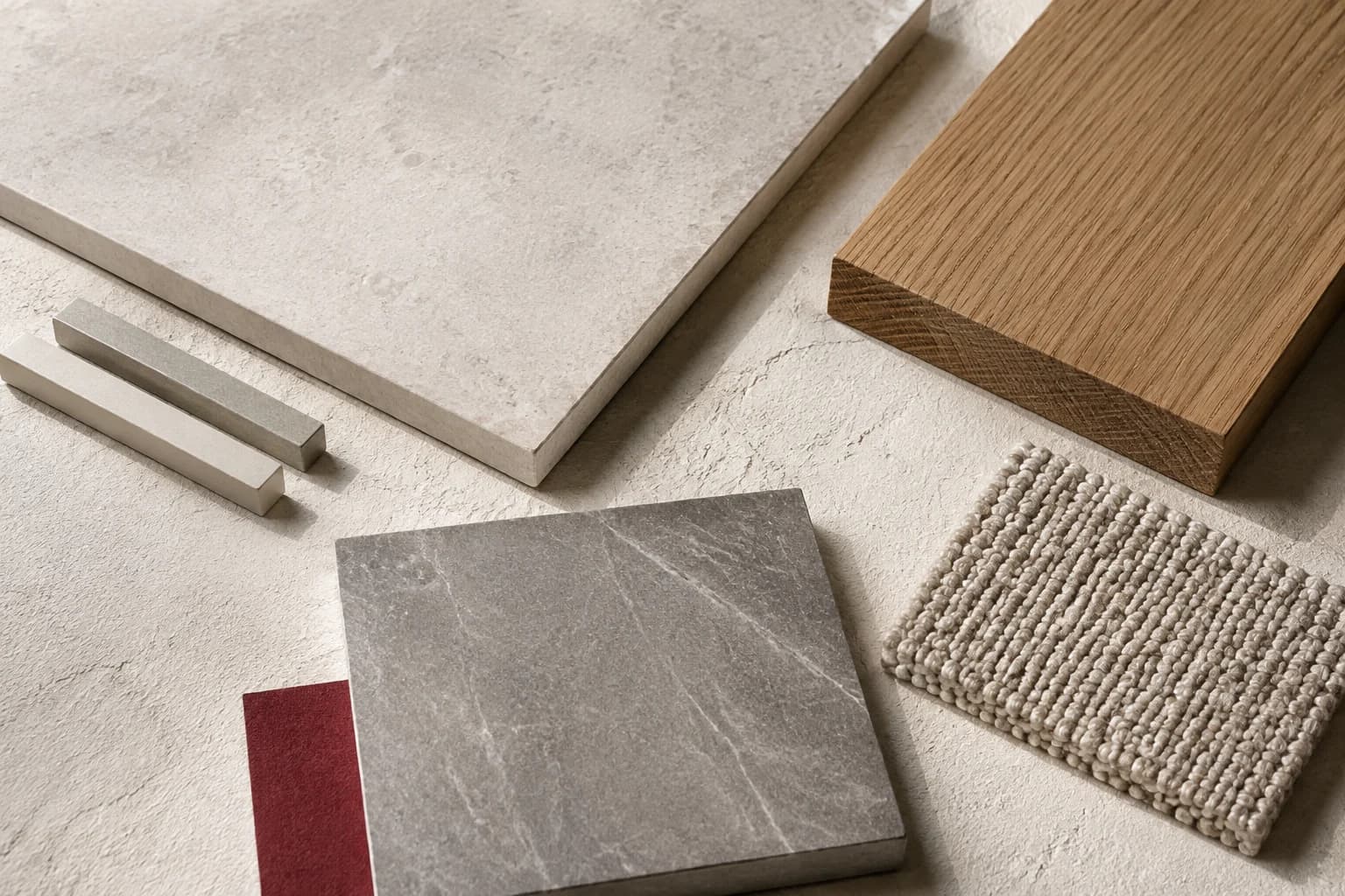 Concept board with tile, wood, carpet texture, and metal finish profiles